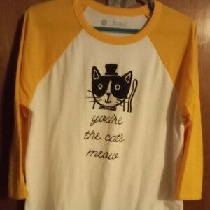 Bob's raglan shirt Skechers "you're the cat's meow" white w/yellow gold sleeves
